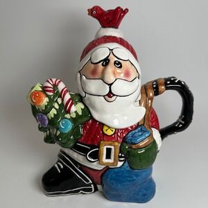 Nicole Engblom Santa Claus Teapot Ceramic Christmas Kitchen Decor Red Cardinal